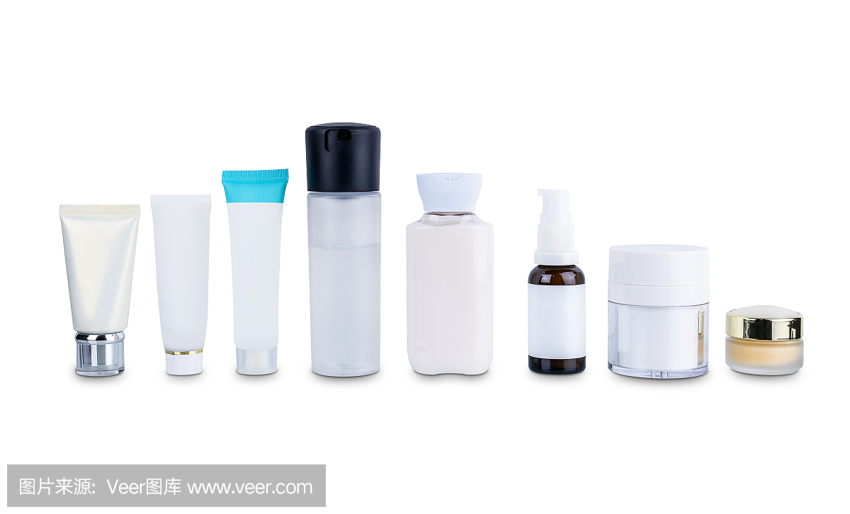 收集各种美容化妆品卫生容器塑料瓶与身体保湿隔离在白色背景